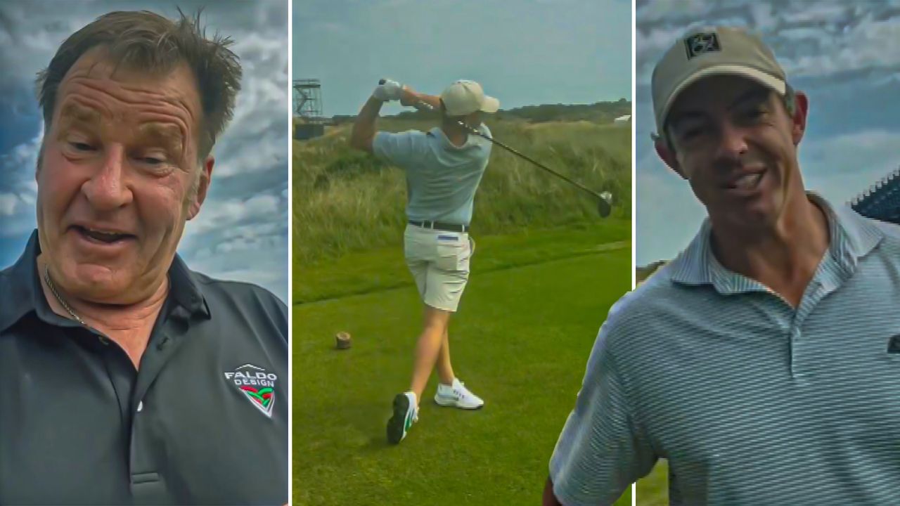 Sir Nick Faldo bumps into Rory McIlroy and asks about his preparations  three weeks ahead of The Open. X credit @Sir_NickFaldo.